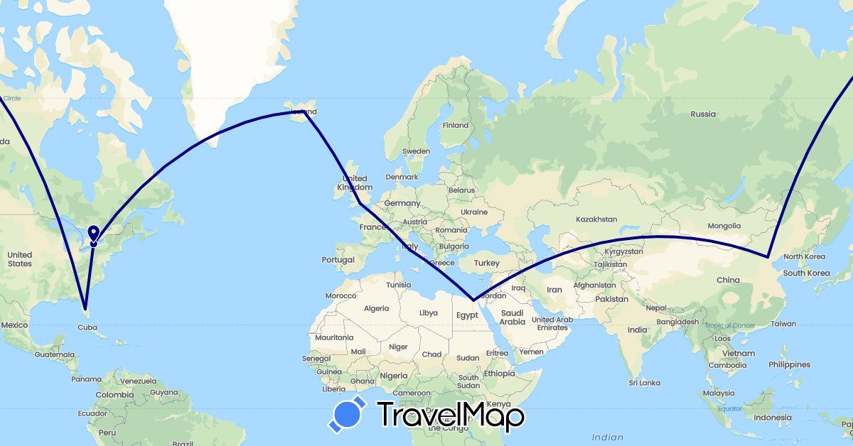 TravelMap itinerary: driving in Canada, China, Egypt, France, United Kingdom, Iceland, Italy, United States (Africa, Asia, Europe, North America)